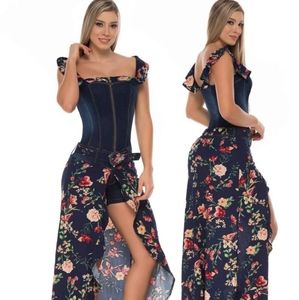 ❤️MACONDO Jeans, Colombian Floral Denim Jumpsuit Maxi Dress